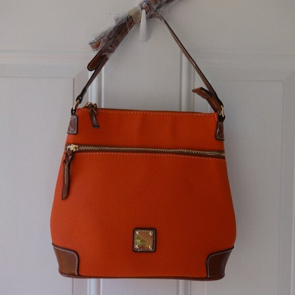 Orange with brown trim faux leather crossbody purse, gold tone hardware,  NWOT - Picture 1 of 16